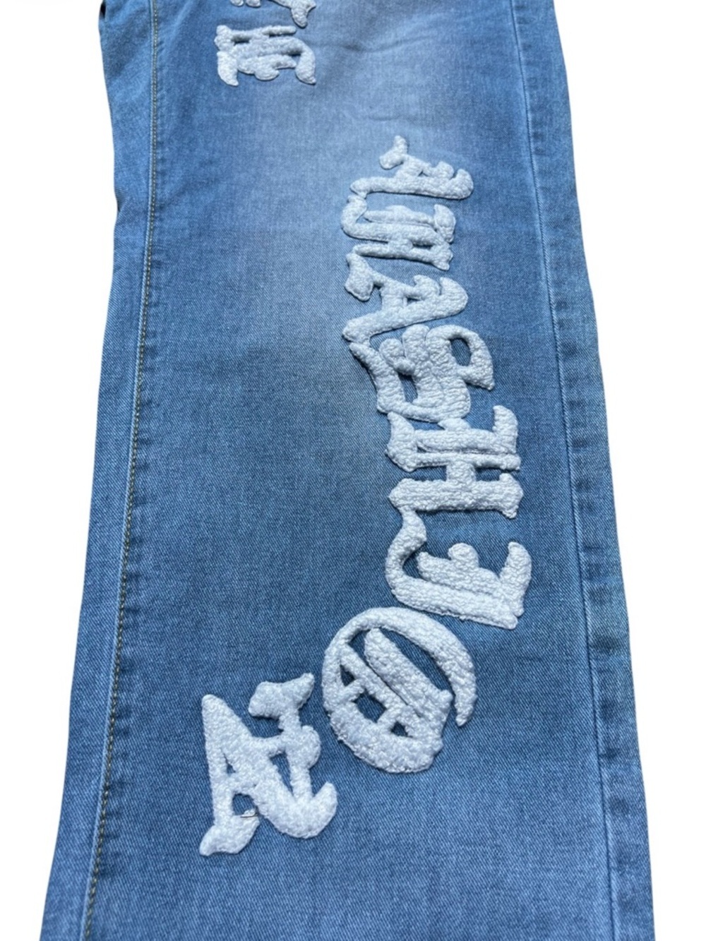 Men's Straight-Leg Blue Denim Jeans with White Graphic Script - Picture 4 of 15